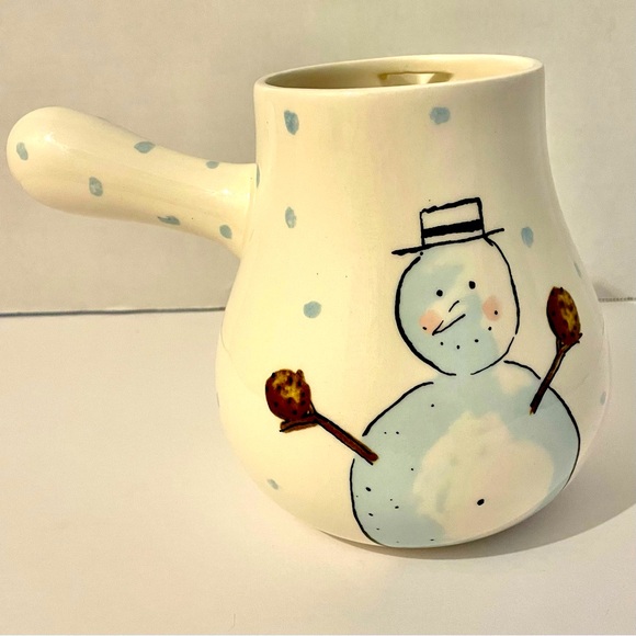 Rae Dunn Cocoa Pot Snowman Let it Snow White & Blue Spots 2018 Magenta 6.5” Tall - Picture 1 of 10